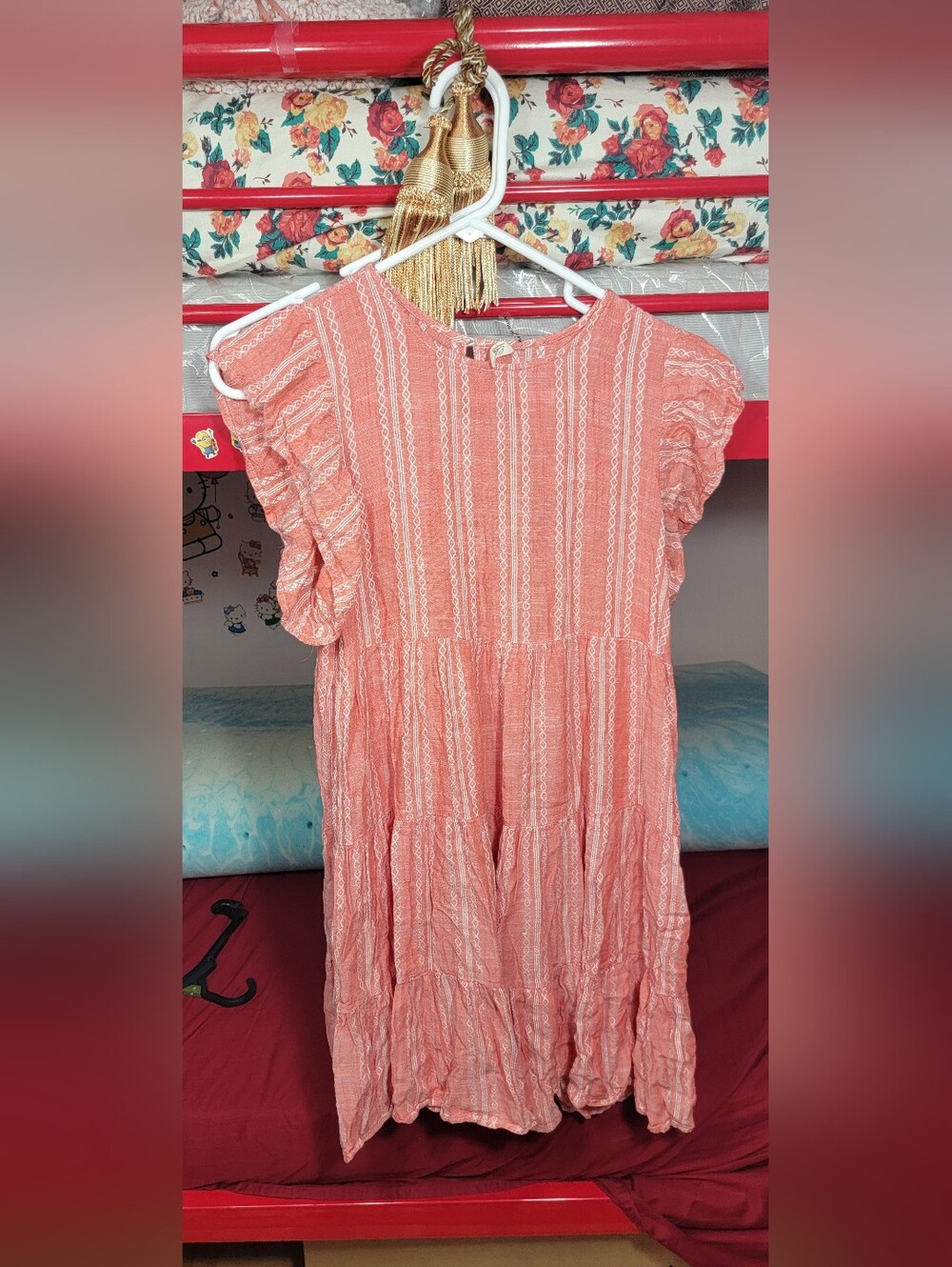 Elan Coral-Pink Striped Tiered Midi Dress